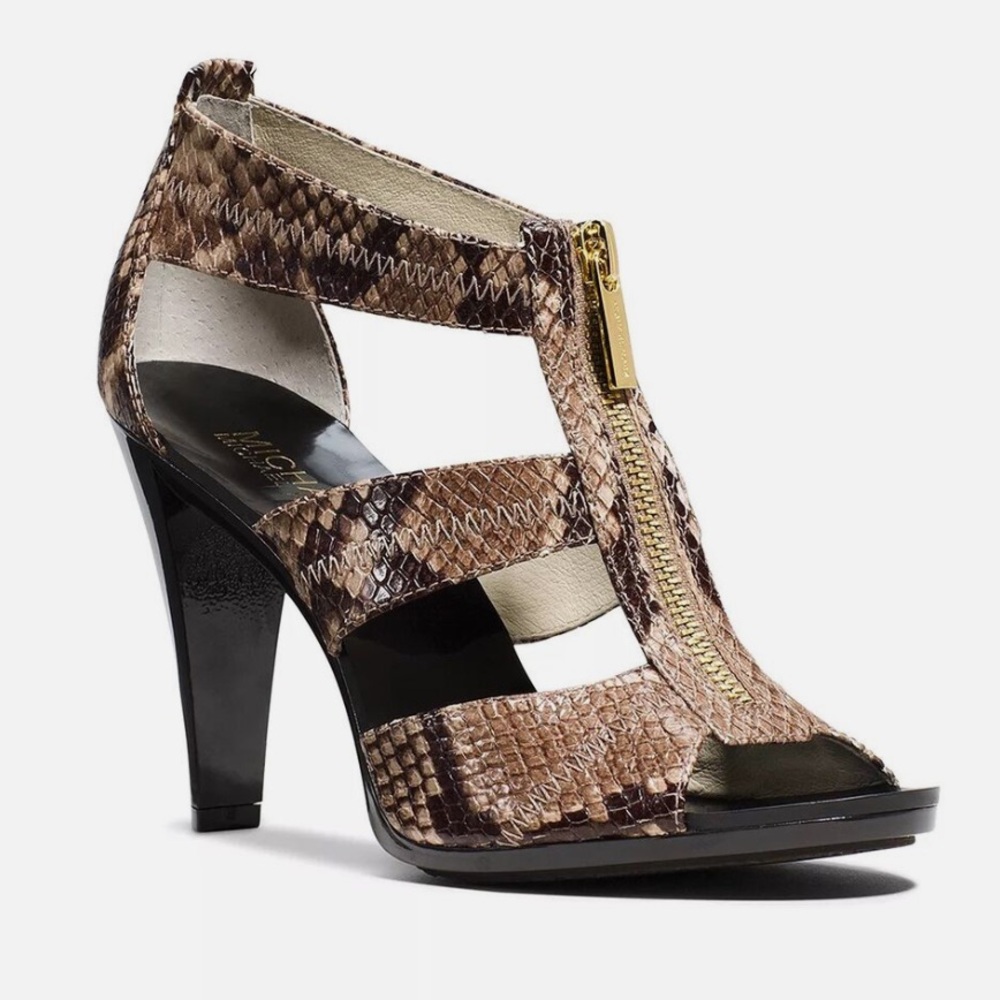 Michael Kors Berkley T-strap Brown Snake Embossed High-Heel Sandals